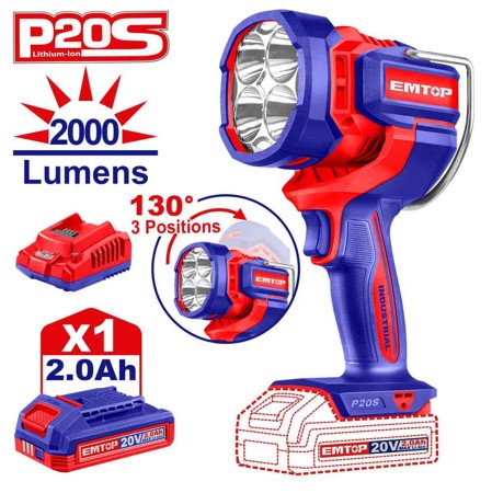 20V Cordless LED Work Lamp 22.5W 2000lm High 3 Modes Swiveling Head 130° with 2.0Ah Battery and Charger